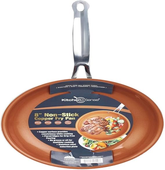 Kitchen Sense 8 Round Copper Non-Stick Frying Pan Heavy Duty Saute Pan Scratch Resistant Omelette Pan with Wide Edge