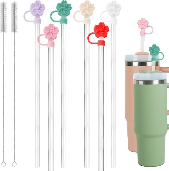 6 Stanley Straw and Covers, 2 Cleaner, Stanley Replacement Straw and topers (flower+Cuttable Length straw, 12.2"/31cm)