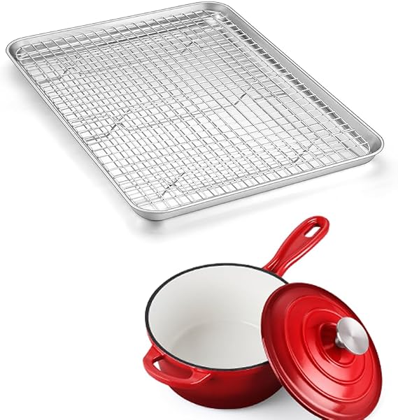Baking Sheet with Rack Set & Saucepan, Homikit 16" x 12" Stainless Steel Cookie Bacon Pan for Oven, 1 Quart Small Enameled Cast Iron Sauce Pan