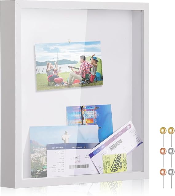 Travel Adventure Challenge Archive Shadow Box Picture Frame with Slot,Travel Ticket Card Memory Box for Keepsake Box, Top Loading Shadow Boxes Display Case Travels Decor Gift (White,11x14)