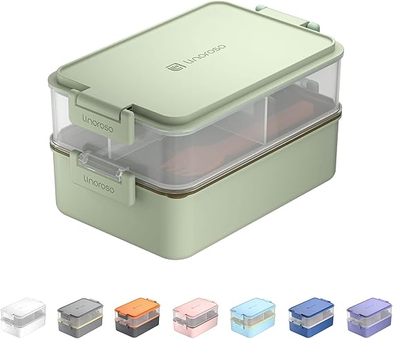 صندوق غداء للبالغين من Linoroso Stackable Bento Box | تلبية جميع احتياجاتك أثناء التنقل للأغذية والسلطات وصندوق الوجبات الخفيفة ، صندوق غداء بنتو ممتاز للبالغين يشمل مجموعة الأواني, حاويات خلع الملابس - نعناع شاحب