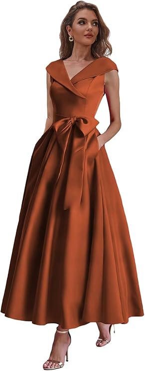 Tea Length Mother of The Bride Dresses for Women Satin Formal Dress with Pockets Cap Sleeve Evening Gowns