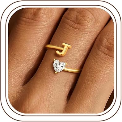 M MOOHAM Initial Ring for Teen Girls Women Mom - Adjustable Initial Rings Dainty 14K-Gold-Plated Rings Love Heart Ring Jewelry Gifts for Women Mom Wife Girlfriend Teen Girls