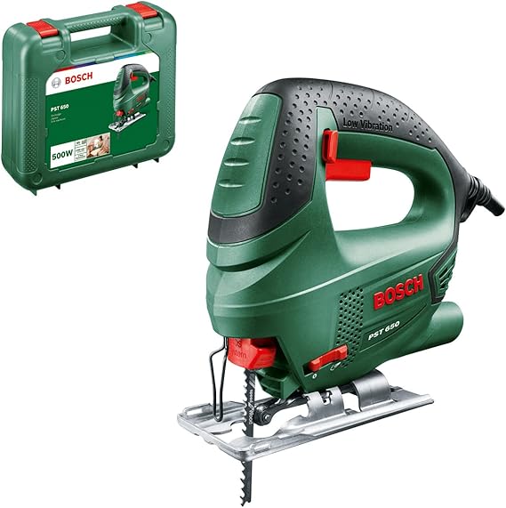 منشار ديكوباج كهربائي Bosch Home and Garden PST 650، 500 واط، 65 مم من الخشب، عمق قطع 4 مم من الفولاذ، في حقيبة حمل