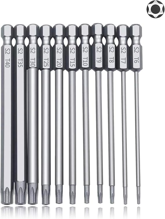 Torx Screwdriver Set Long 4 Inch 11 PCS T6-T40 Magnetic Torx Security Screwdriver Bits Set, 1/4 Hex Shank Security Tamper Proof Long Screwdriver Bit Set for Drill