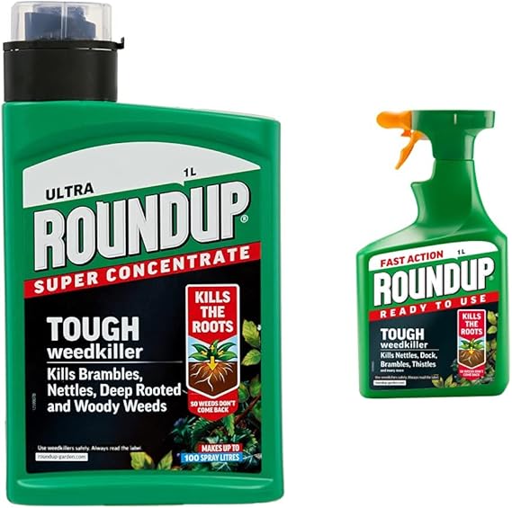 Roundup Tough Weedkiller, Concenrate, Makes up to 100 Litres, 1 Litre &amp; Tough Weedkiller, Ready to Use, Spray, 1 Litre