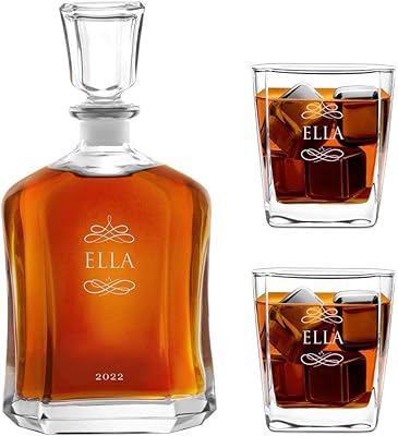 Maverton Whiskey carafe  2 glasses with engraving - 23 fl oz. classical spirits decanter for her - 10 fl oz glasses for women - Whisky set - For Birthday - Personalized glassware - Monogram