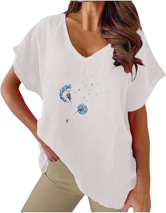 Lastesso T Shirts for Women Printing Short Sleeve Loose Tops Casual V Neck Cotton Summer Tops Vacation Holiday Blouse Tees