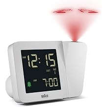 Braun Dijital kablosuz projeksiyonlu çalar saat, orta Avrupa saat dilimi için (DCF) negatif LCD ekran, hızlı ayar ve beyaz alarm bip sesi, model BC15W-DCF.