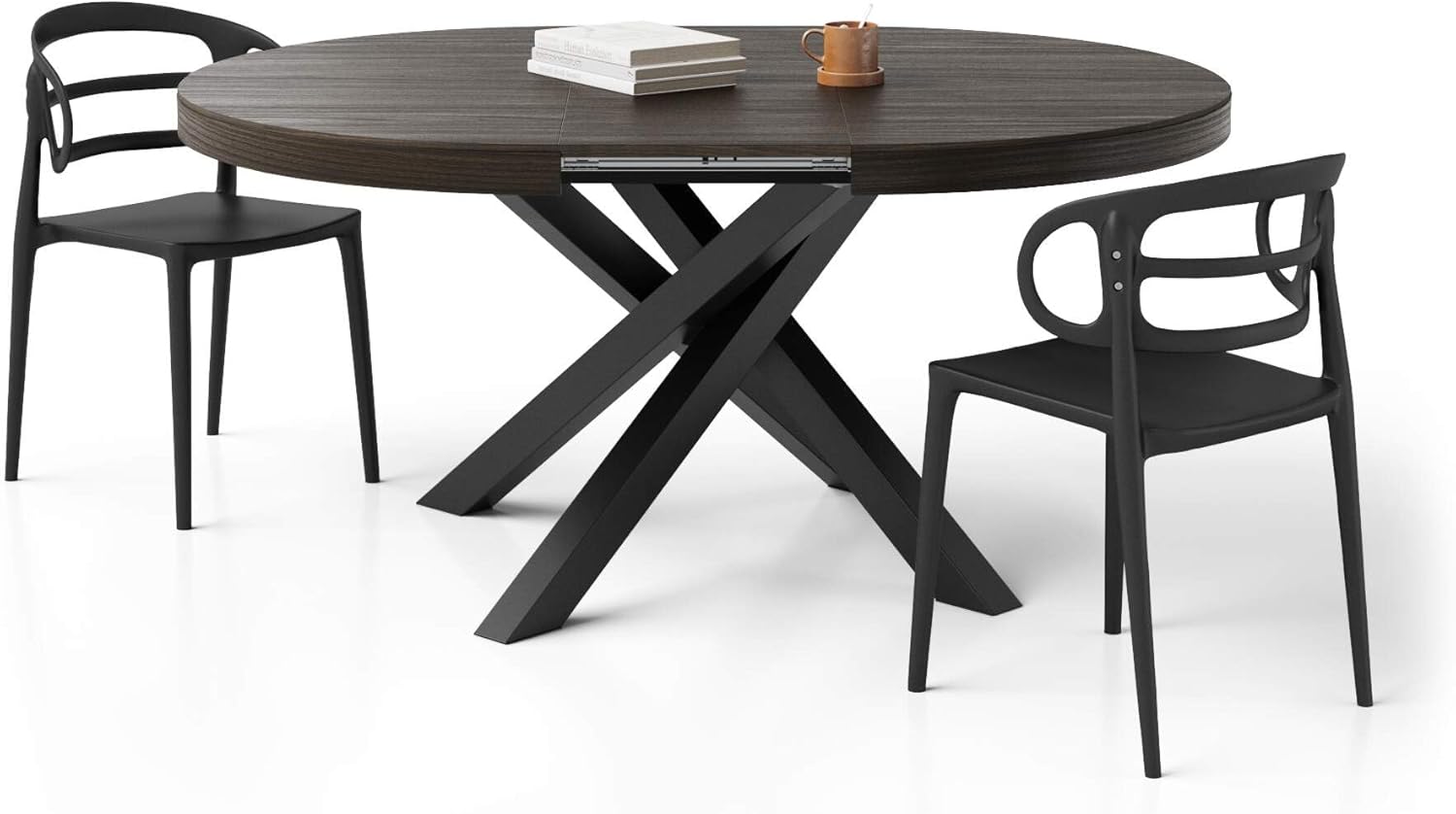 Mobili Fiver, Emma Round Extendable Table, 120-160 cm, Dark Walnut with Black crossed legs, Made In Italy
