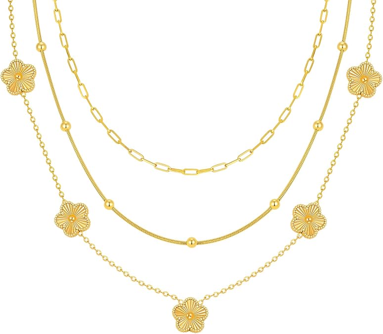MPRAINBOW Gold Layered Necklace for Women - 3Pcs 18K Gold Plated Floral Necklaces, Stainless Steel Stackable Cuban Link Chain Non Tarnish Trendy Jewelry, Herringbone Chains Christmas Birthday Gift