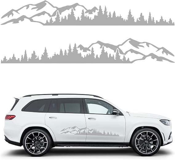 2 PCS Car Mountain Tree Forest Decals, 59.17.9" Snow Mountain Tree Graphic Sticker Car Side Door Decal, Waterproof Vinyl Forest Sticker Auto Exterior Decoration for Body Door Tailgate (Gray)