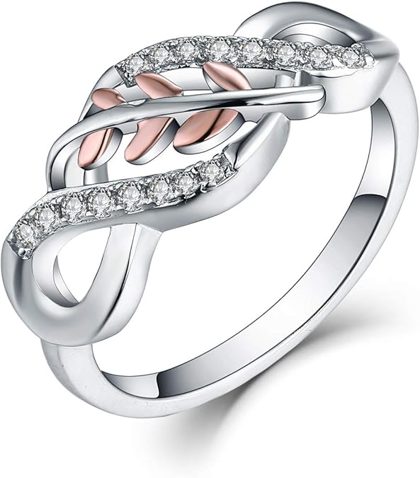  JO WISDOM 925 من الفضة الإسترليني مكعب زركونيا روز جولد ليف إنفينيتي Knot Ring 