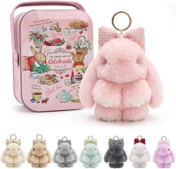 JUDUNA Handmade Soft Adorable Bunny Keychain, 2026 New Easter Cute Bunny Plush Keychain with Metal Tin Box