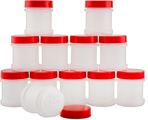 Cornucopia Brands Mini Plastic Spice Jars w/Sifters (12 عبوة، أحمر)؛ 2 ملعقة كبيرة سعة (1 أونصة سائلة) زجاجات توابل للسفر، بريق، هدايا، مزايا، إلخ.