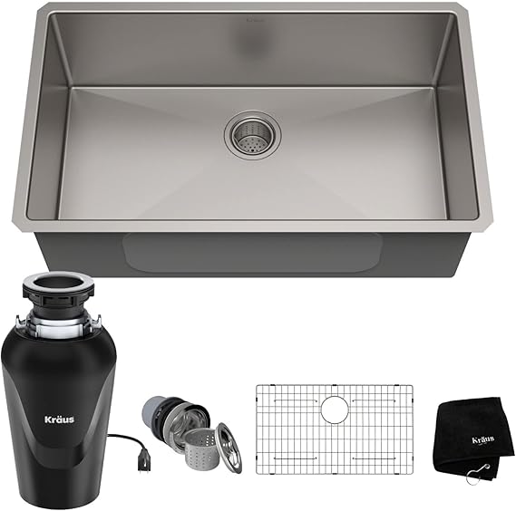 KRAUS Standart PROTM 32 بوصة 16 مقياس Undermount Single Bowl حوض المطبخ الفولاذ المقاوم للصدأ مع WasteGuardTM التخلص المستمر من القمامة ، KHU100-32-100-75MB