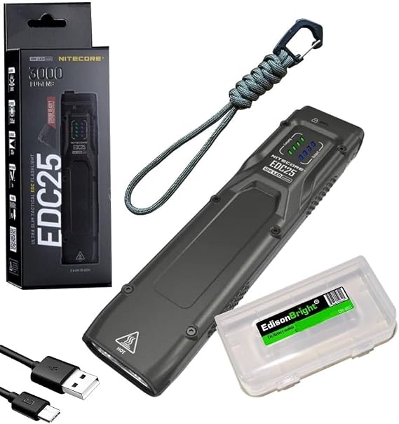 مصباح يدوي مسطح EDC بقوة 3000 لومن من Nitecore EDC25، مزود بشعاع مزدوج قابل لإعادة الشحن عبر USB-C، صغير الحجم وقوي التحمل مع حقيبة ملحقات EdisonBright