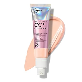 كريم إضاءة CC+ من IT Cosmetics بعامل حماية من الشمس SPF 50+، كريم أساس مشع بتغطية كاملة، مصل مرطب مضاد للشيخوخة، كولاجين محلل + ببتيدات، بشرة عادية إلى جافة وناضجة - 1.08 أونصة سائلة