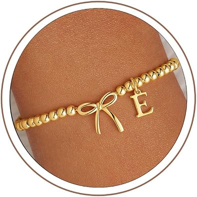 M MOOHAM Initial Bracelet - Bow Bracelets for Women, 14K Gold Plated Letter A-Z Beaded Bracelet for Teen Girls, Charm Stretch Initial Bracelets, Women Dainty Bow Jewelry Personalized Birthday Gifts