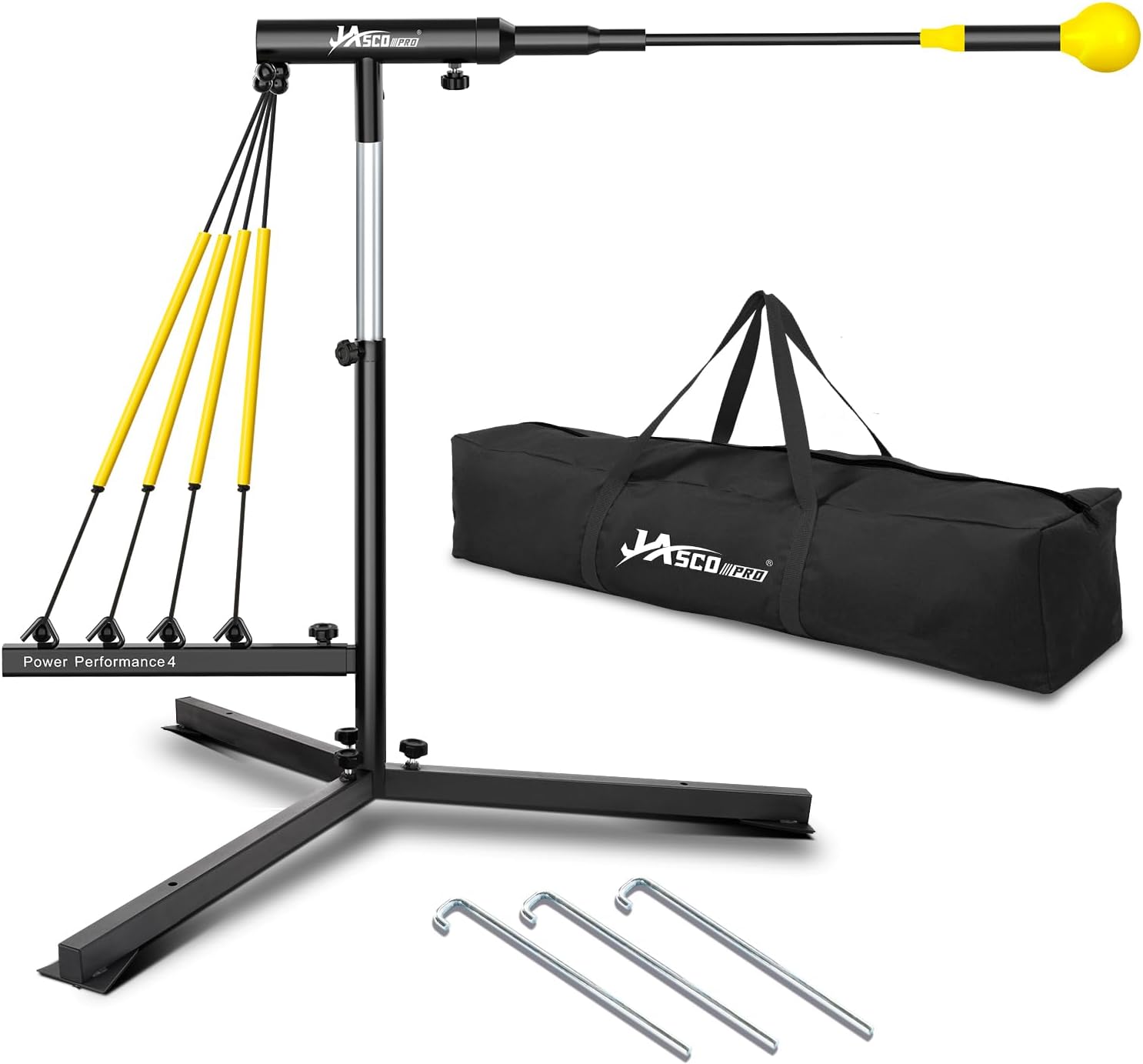 Baseball Trainer with 4 Power Bands Automatic Reset Softball Swing Trainer for Bats Batting Exercises Height Adjustable 31-47 Baseball Training Equipment with Metal Stakes and Carry Bag