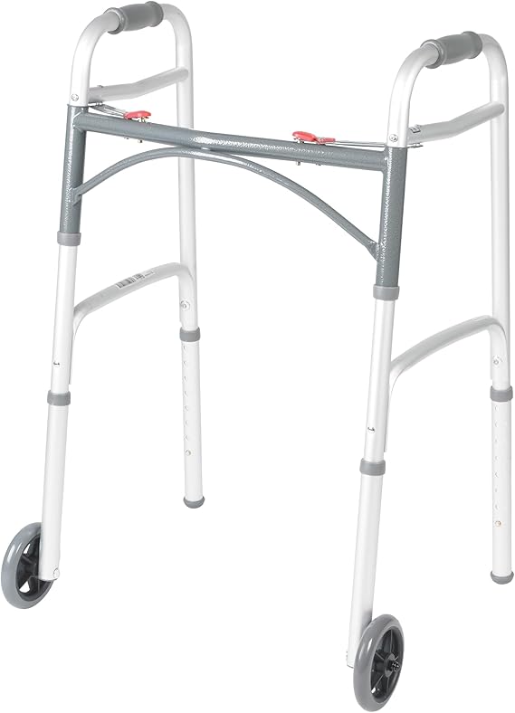 Drive Medical Two-Button Folding Walker With Wheels - Lightweight Rolling Mobility Support - Adjustable Height - Dual Push-Button Operation - 5 Inch Front Wheels - Durable Aluminum - Silver