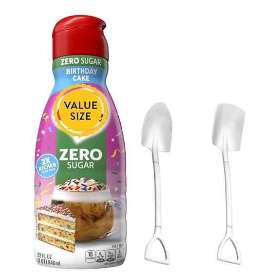 Premium Liquid Coffee Creamer 32 fl oz Bottle of Creamy Smooth Non-Dairy Coffee Creamer with D.A. Coffee Mini Metal Shovel Spoons (Birthday Cake Zero Sugar) Shovel Spoons