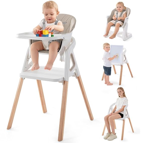 Baby High Chair, 4 in 1 Wooden Convertible High Chair for Babies and Toddlers with Erase Board, Highchair for Baby & Toddler, 5-Point Safety Belt & Waterproof PU Cushion (Beige)