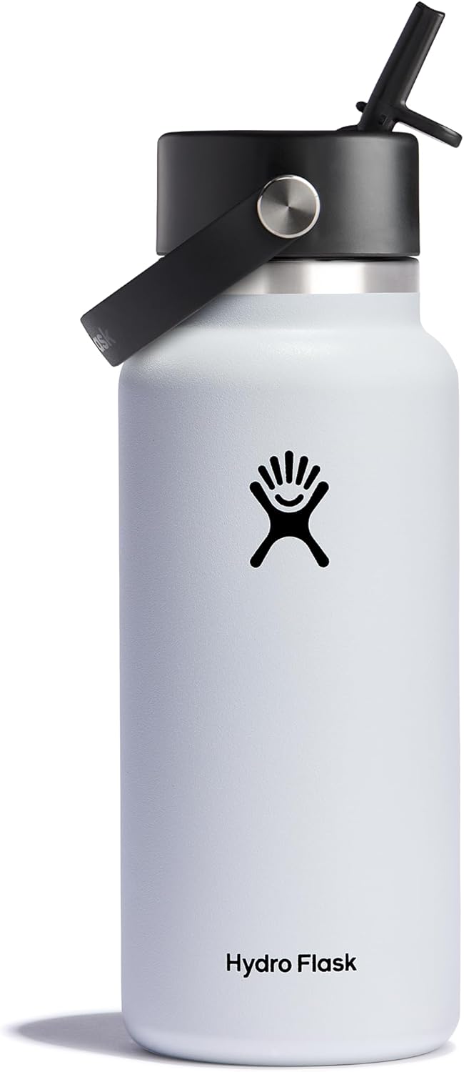 Hydro Flask 32 oz Wide Mouth with Flex Straw Cap Stainless Steel Reusable Water Bottle White - Vacuum Insulated, Dishwasher Safe, BPA-Free, Non-Toxic