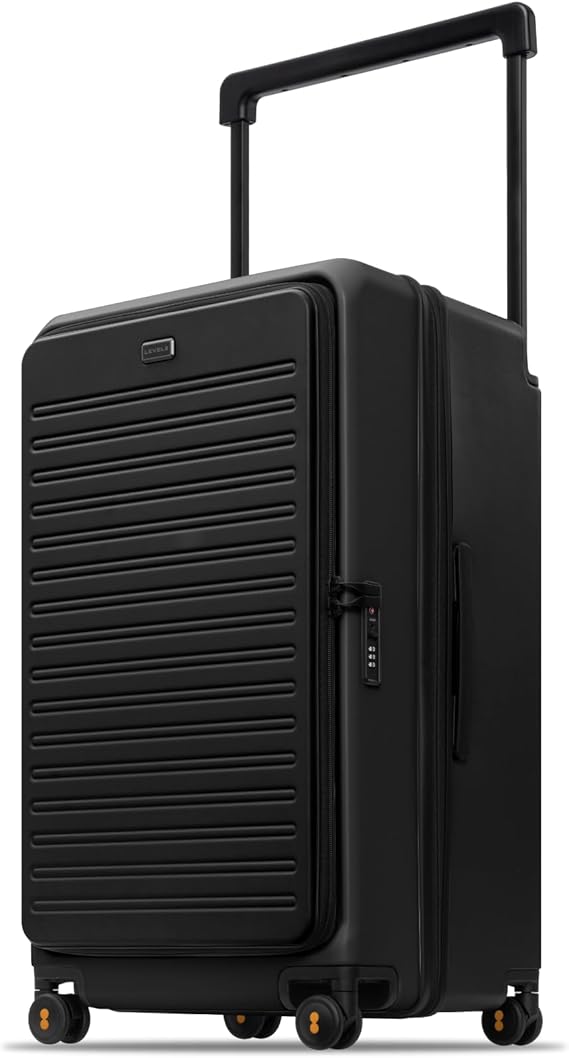 LEVEL8 Adventure Top Opening Luggage Airline Approved with Tsa Lock, 28 Inch Wide Handle Luggage with Spinner Wheels, Top Lid Opening Hardside Expandable Large Suitcases with Wheels, Black