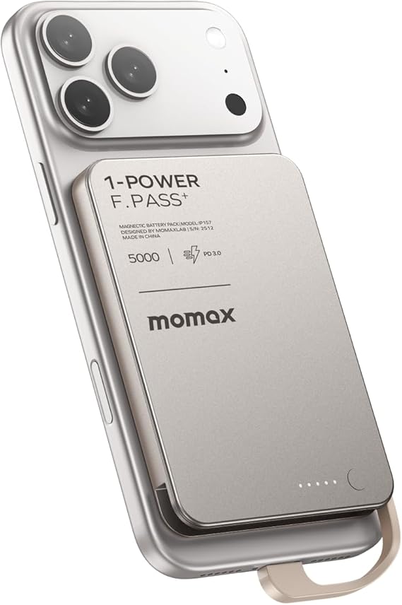شاحن محمول رفيع مقاس 0.3 بوصة من MOMAX مع كابل مدمج وحزمة بطارية USB C (بدون اتصال لاسلكي) 5000 مللي أمبير في الساعة، بنك طاقة سريع الشحن بقوة 20 وات من PD لهاتف iPhone 17/16/15، Samsung Galaxy، Google Pixel، Android، iPad، AirPods
