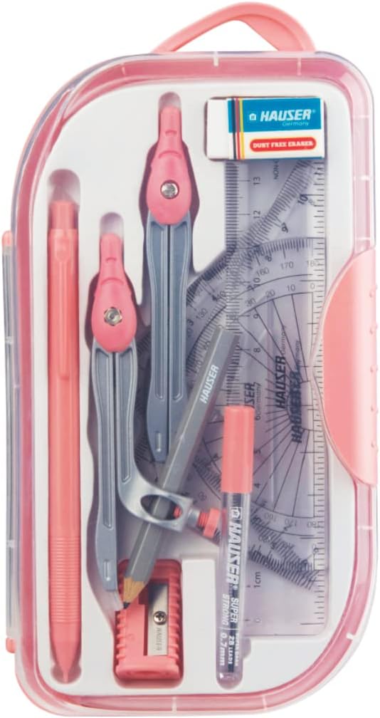 Hauser Mathematical Drawing Instrument Box Pack | Silver Matt Finish Instruments | Attractiev Instruments Inside The Box, Handy Storage Box For Students | Pack Of 1