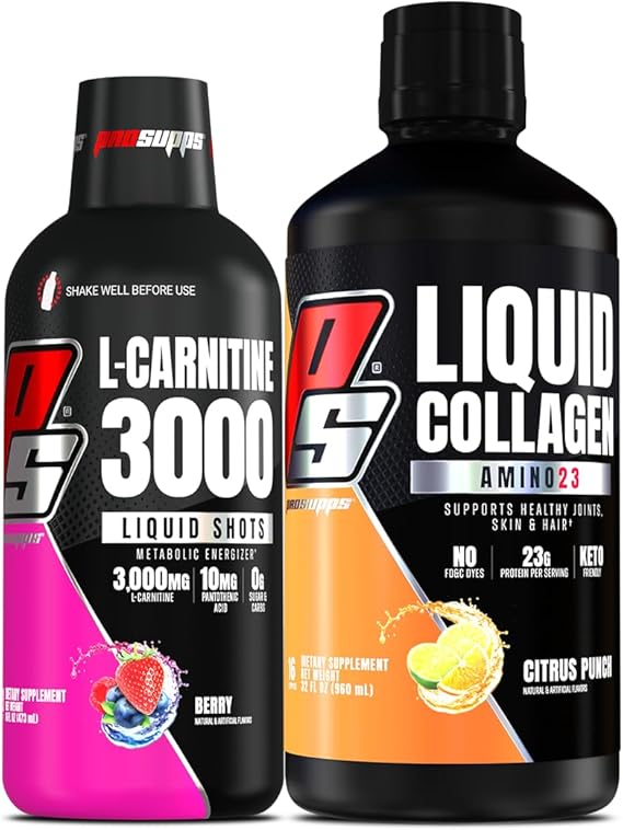 PROSUPPS L-Carnitine 3000 المنبه لقطات السائل الحرة (توت) Amino23 لقطات الكولاجين السائل (الحمضيات لكمة) حزمة