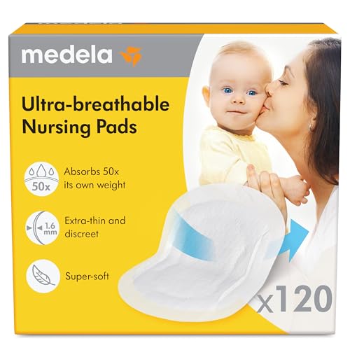 وسادات تمريض Medela فائقة التهوية، عالية الامتصاص، فائقة النعومة، تصميم سري لارتداء مريح، عبوة من 120 قطعة
