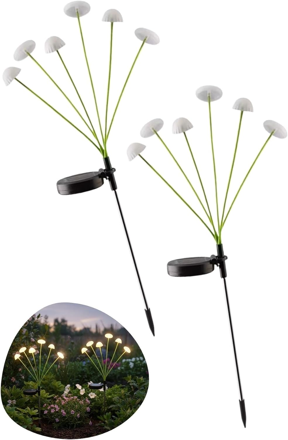 BUFFER Güneş Enerjili Mantar Bahçe Lambası, Solar LED Dış Mekan Aydınlatma, Otomatik Sensörlü Dekoratif Bahçe Işığı, Plastik, 2 Adet [Enerji Sınıfı A]