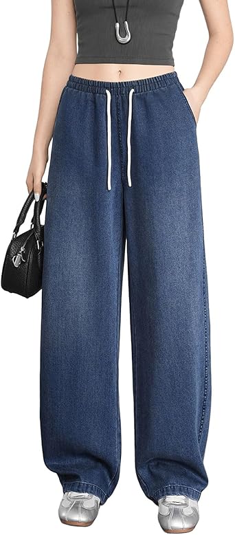 Womens High Waisted Elastic Waist Jeans Drawstring Wide Leg Relaxed Fit Jeans Casual Baggy Denim Pant Campus Wear