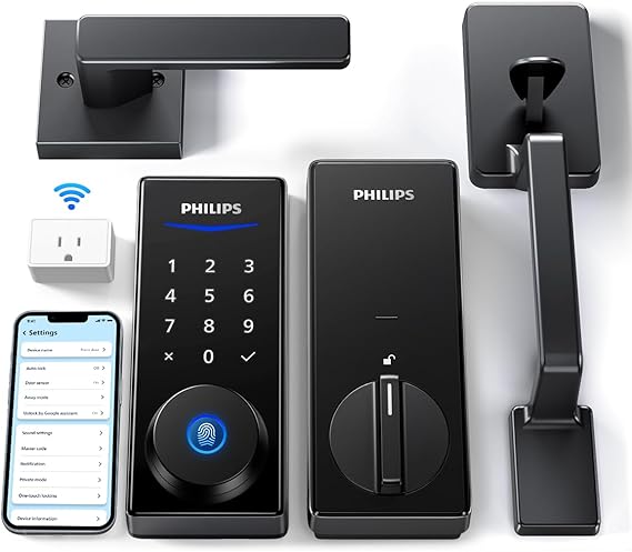 قفل ذكي Wi-Fi من Philips مع مقبض، قفل باب لوحة مفاتيح دخول بدون مفتاح مع مقبض، مجموعة Deadbolt للباب الأمامي مع بوابة WiFi، التحكم في التطبيق، فتح بصمة الإصبع، فتح رمز PIN، قفل تلقائي