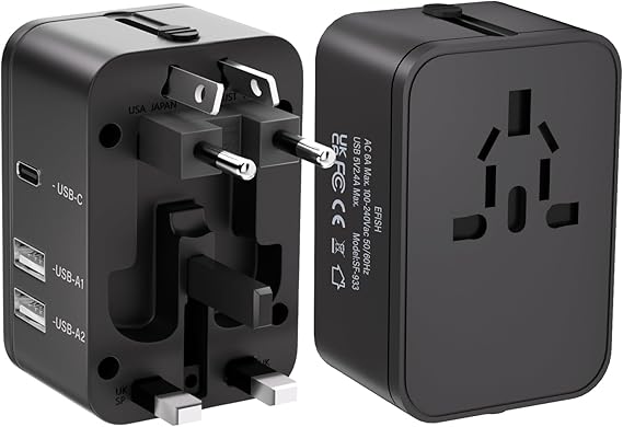 محول قابس السفر مع 2 USB A1 USB C،محول سفر عالمي الكل في واحد في جميع أنحاء العالم،شاحن حائط محولات الطاقة،محول قابس طاقة التيار المتردد،محول طاقة دولي للولايات المتحدة الأمريكية والاتحاد الأوروبي والمملكة المتحدة وأستراليا أسود