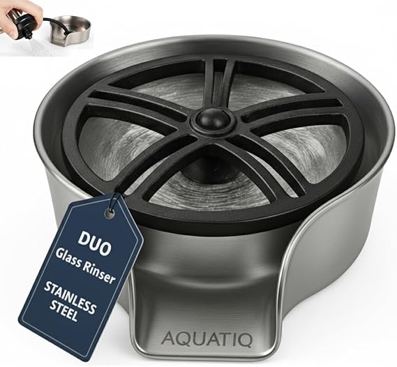 AquaDuo Glass Rinser and Kitchen Sink Sprayer Combo, Stainless Steel Cup Washer, Cup Cleaner, Bottle Washer, Bar Sink Attachment, Pull out Sprayer, Brushed Nickel