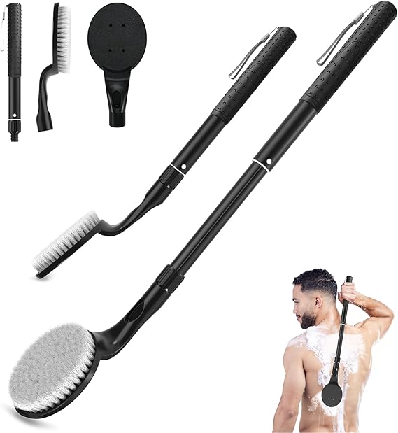 Back Scrubber for Shower, 17.52" - 25.7 Telescopic Back Washer for Shower with Anti-Slip Long Handle, Soft Nylon Bristles, Detachable Back Brush for Shower for Men Women Elderly
