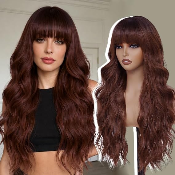 Auburn Wig with Bangs 26Inch Wavy Curly Reddish Brown Hair for Women Tangle Free Beginner Friendly Soft Natural Looking Wigs for Daily Party Use
