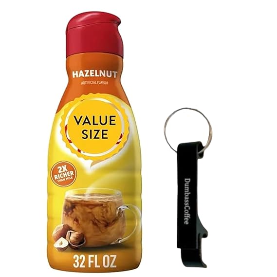 Hazelnut Flavor Liquid Creamer for Coffee 32 fl oz Gluten Free & Non Dairy Creamer - Rich & Smooth Flavored Coffee Creamers with Dumbass Coffee Bottle Opener Keychain Hazelnut Keychain