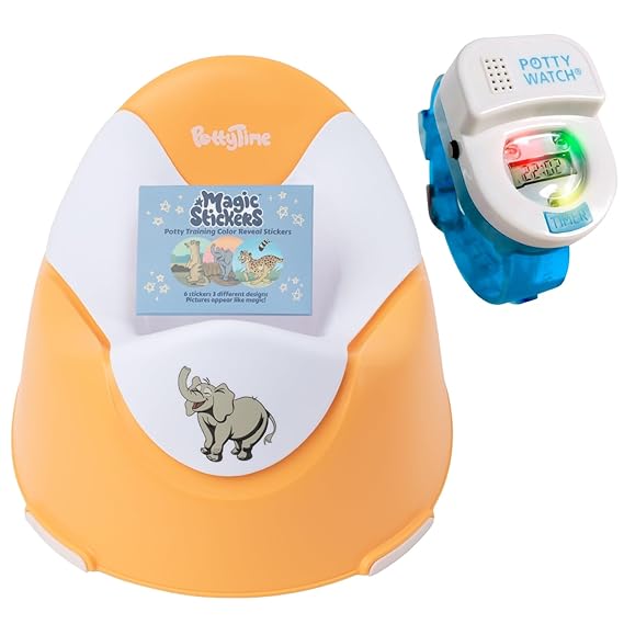 Potty Training Seat and Potty Watch - Easy & Fun Toilet with Interactive 6 Reusable Color Changing Stickers and Watch Included (Savanna & Blue)