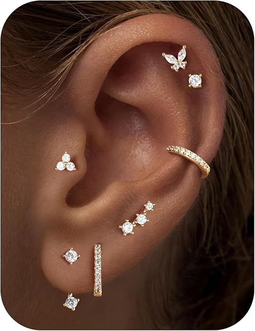 M MOOHAM Hypoallergenic Earring Jacket Stacks - 7 Pairs 14K Gold Plated Flat Back Earrings Dainty Huggie Hoop Cartilage Helix Earring Jacket, Fashion Accessories Western Jewelry Gifts