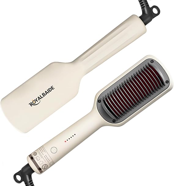 Hair Straightener Brush, Flat Iron and Hair Brush 2-in-1, Anti-Scald, Fast Heating, 5 Temp Settings (130C-200C), Professional Salon at Home, Wider Comb for Even Straightening, White