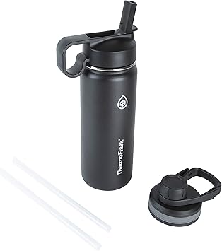 ThermoFlask 18 oz Double Wall Vacuum Insulated Stainless Steel Water Bottle - Reusable with Leakproof Chug & Straw Lids - Keeps Drinks Cold 24 hr/Hot 12 hr - Easy Maintenance - Gym/On-the-Go, Black