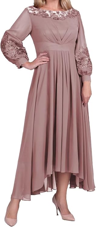 Mother of the Bride Dresses with Sleeves Tea Length High Low Plus Size Mother of the Groom Dresses for Wedding Formal Gown