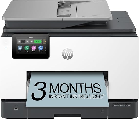 طابعة نفث الحبر اللاسلكية متعددة الألوان HP OfficeJet Pro 9135e، الطباعة والمسح الضوئي والنسخ والفاكس ووحدة التغذية التلقائية للمستندات والطباعة على الوجهين هي الأفضل للمكتب، وتتضمن نسخة تجريبية من الحبر الفوري لمدة 3 أشهر، ومدعومة بالذكاء الاصطناعي (404M0A)