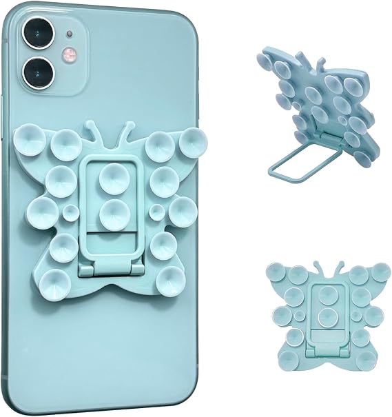 Butterfly Small Suction Cup Suction Phone Card Holder, Desktop metal bracket, Phone for iPhone and Samsung, Hands-Free Sticky Phone Grip Card Holder Stick On Phone Case for Videos (Grayish Blue)