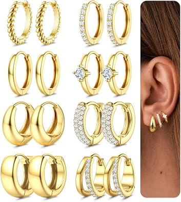 LOYALLOOK Small Chunky Gold Hoop Earrings for Women Hypoallergenic 14K Gold Filled Huggie Earrings for Women Trendy Cartilage Hoop Earring Stacks Lightweight Earring Sets for Multiple Piercing
