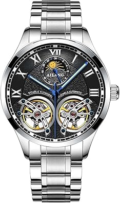 AILANG Men's Skeleton Watches Automatic Mechanical Watch with Dual Balance Wheels (Silver Black-B)